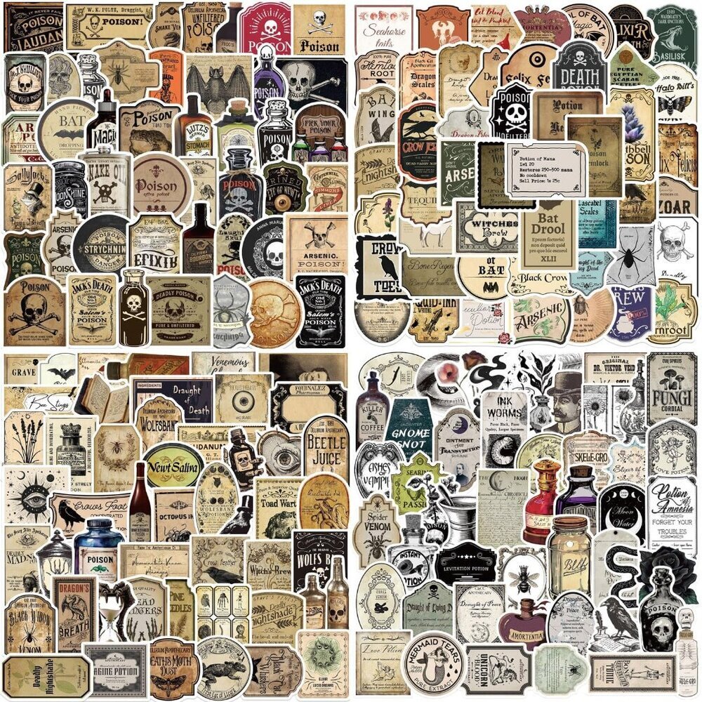 200pcs Potion Labels - Waterproof Gothic Wine Bottle Stickers for Scrapbook, Ska